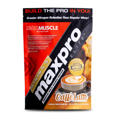 Max Muscle Maxpro Elite bottle front showing Cafe Latte flavor for daily protein intake