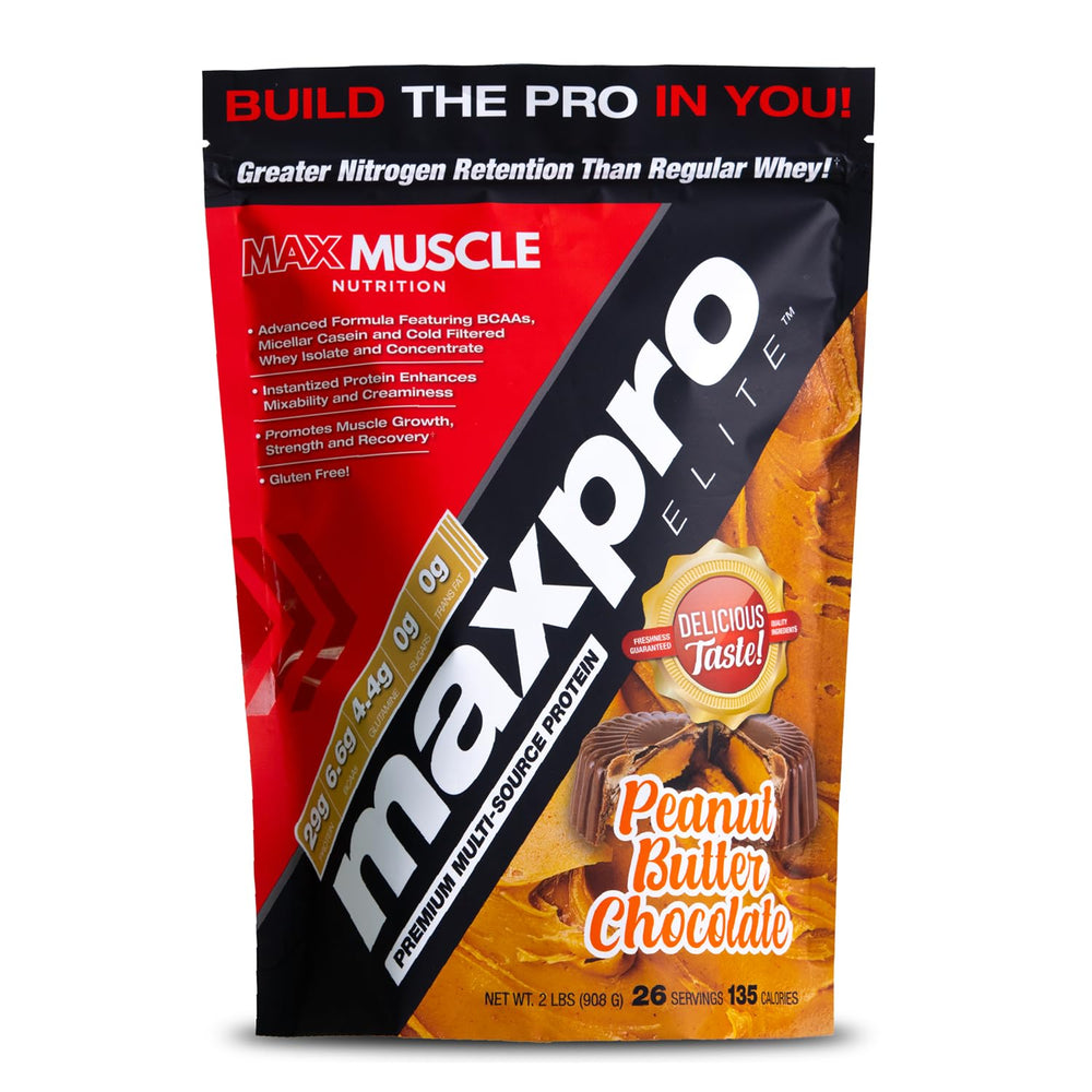 Max Muscle Maxpro Elite tub front showcasing 30g protein per serving