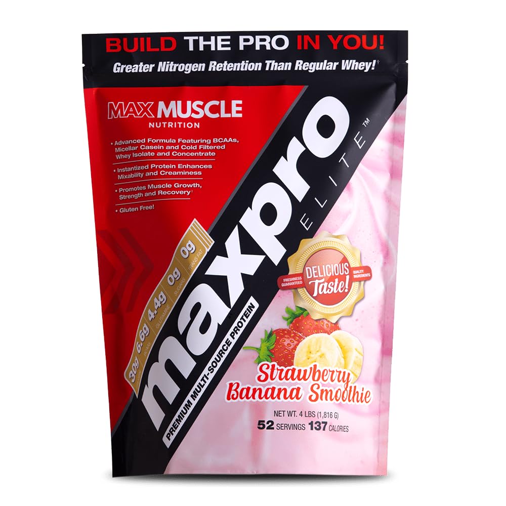 Max Muscle MaxPro Elite Whey bottle shows premium protein blend for post-workout recovery.