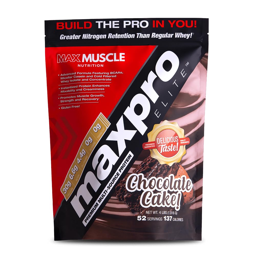 Max Muscle MaxPro Elite whey protein tub in chocolate cake flavor for post-workout recovery