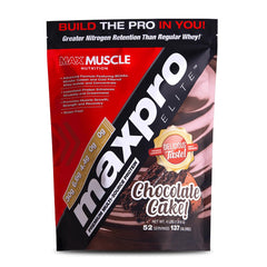 Max Muscle MaxPro Elite whey protein tub in chocolate cake flavor for post-workout recovery