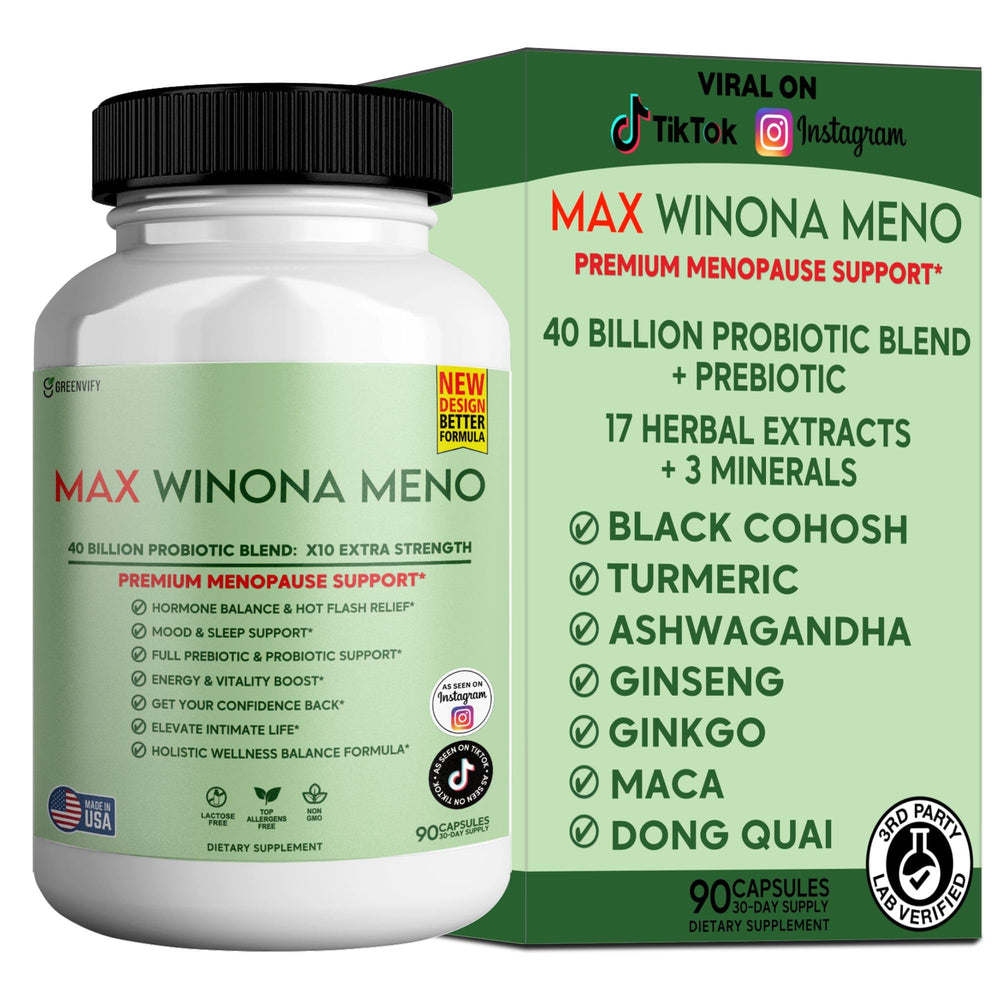Max Winona Meno Winona Max bottle front view for daily menopause support.