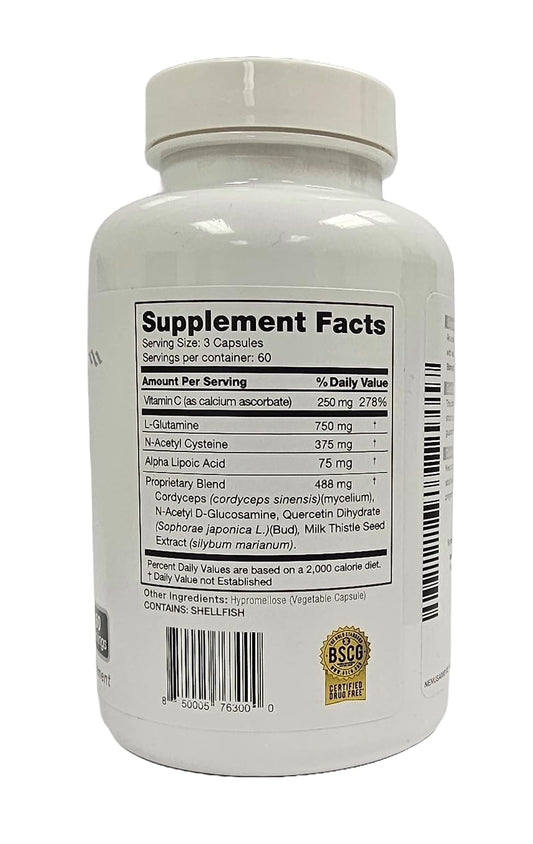 Close-up of MaxGXL label showing NAC and antioxidants for glutathione support