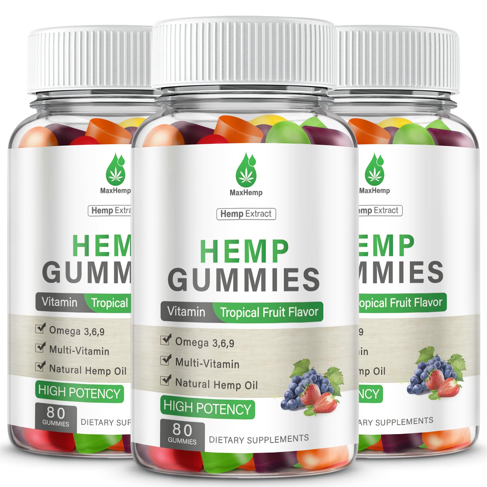 MaxHemp 3-pack gummies packaging for convenient daily use.