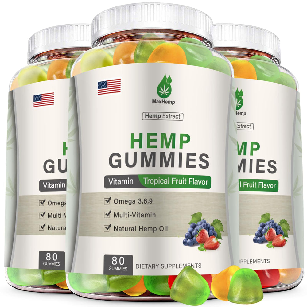 MaxHemp hemp gummies pack image showing a 3-pack for daily sleep and calm support