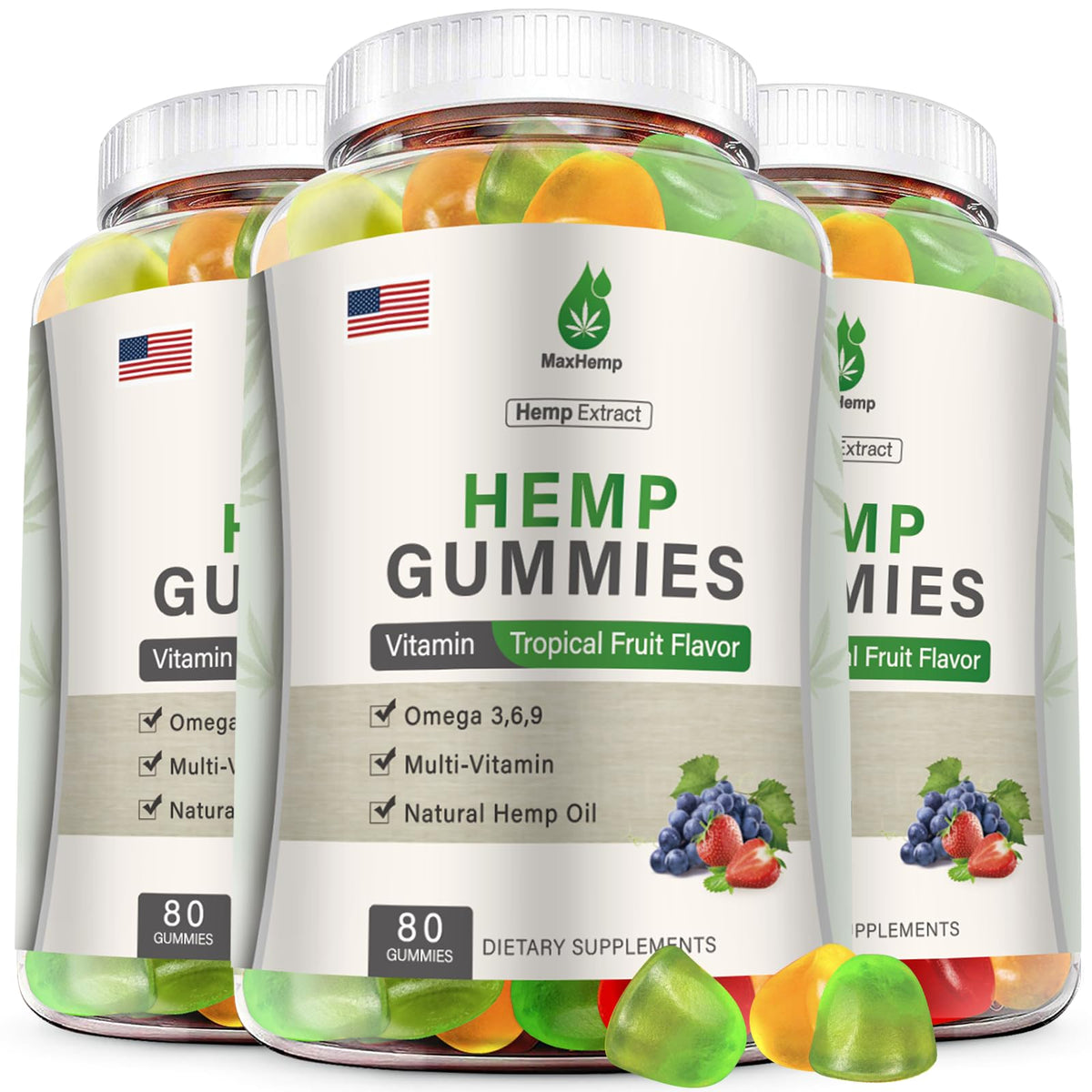 MaxHemp hemp gummies pack image showing a 3-pack for daily sleep and calm support