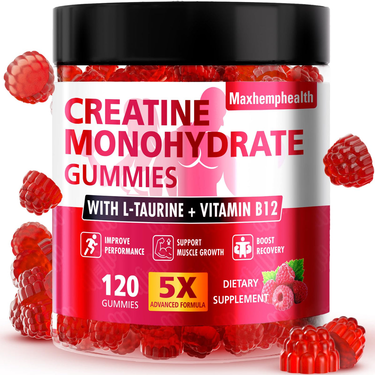 Maxhemphealth Creatine Gummies Raspberry bottle ready for workouts.