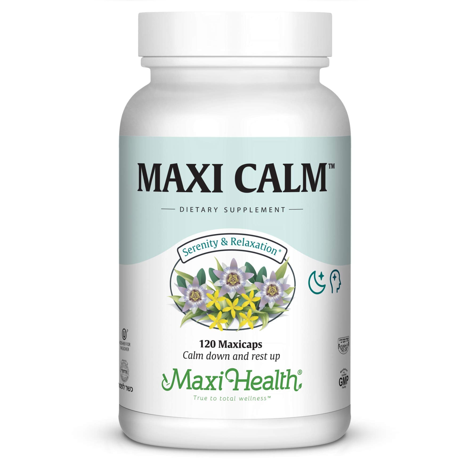 Maxi Calm bottle-front view highlighting serene packaging for relaxation support.