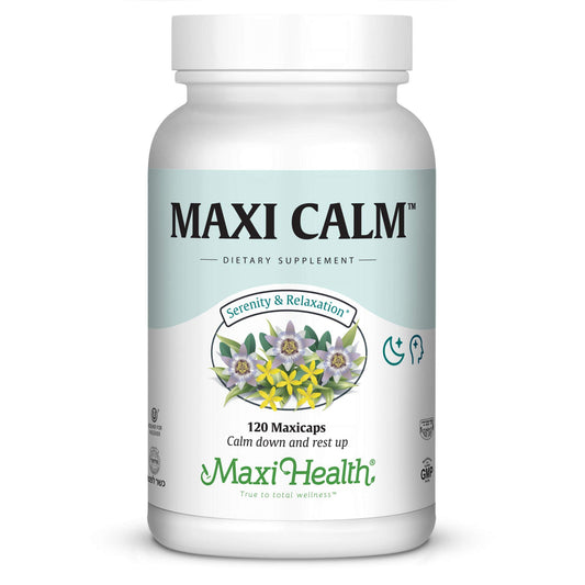 Maxi Calm bottle-front view highlighting serene packaging for relaxation support.