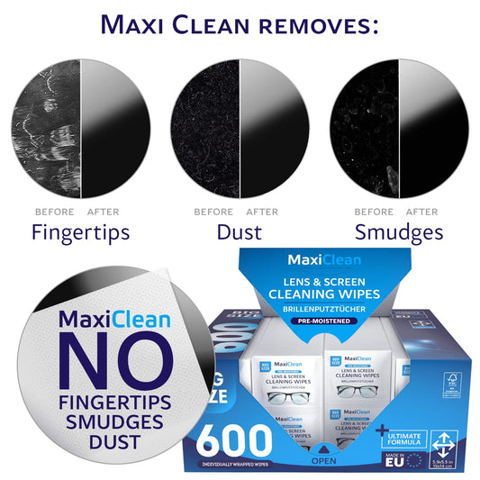Maxi Clean eyeglasses lens wipes ready for eyewear cleaning