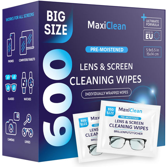 Maxi Clean glasses wipes packaging showing compact travel kit for on the go use