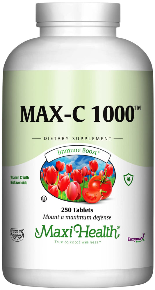 Maxi Health 1000 mg Vitamin C tablets front view for daily immune support benefits
