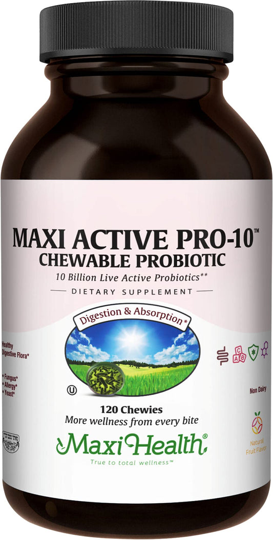 Maxi Health Active Pro-10 Kids probiotic bottle front showing product name and design benefits