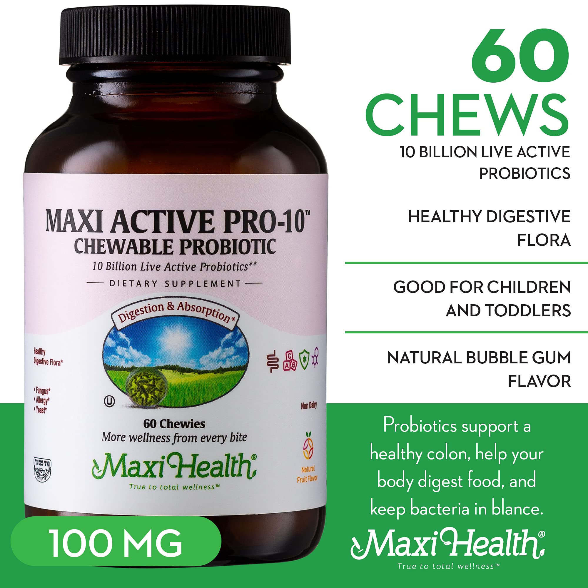 Maxi Health Active Pro-10 vegetarian probiotic chewables, gluten-free and plant-based.