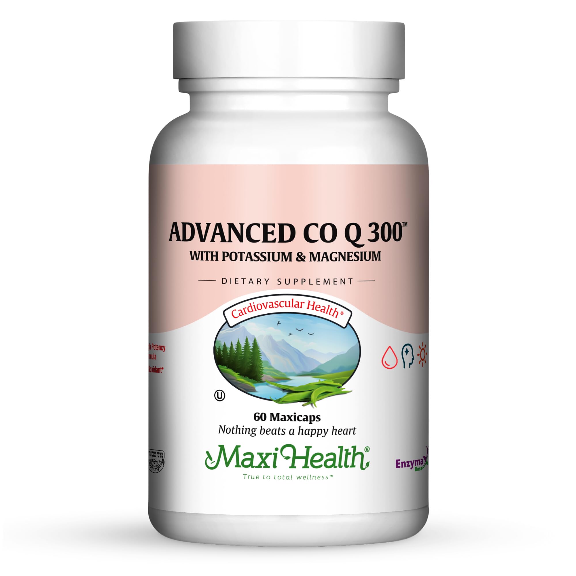 Maxi Health Advanced CoQ10 bottle closeup shows 60 capsules for daily energy support.