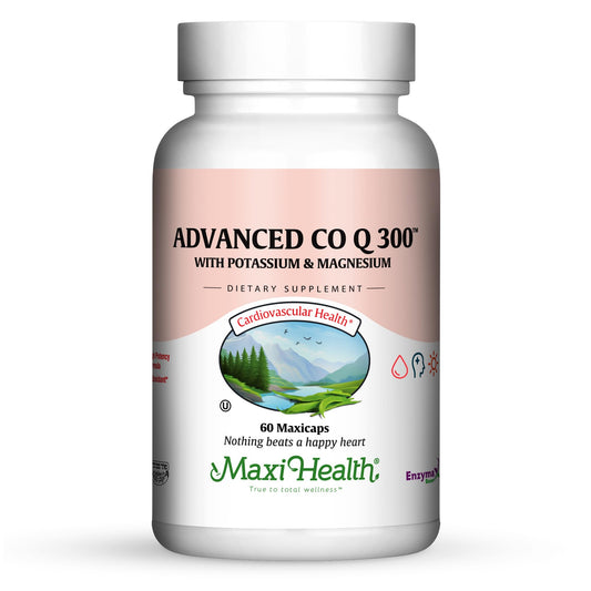 Maxi Health Advanced CoQ10 bottle closeup shows 60 capsules for daily energy support.
