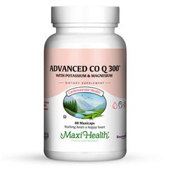 Maxi Health Advanced CoQ10 bottle closeup shows 60 capsules for daily energy support.