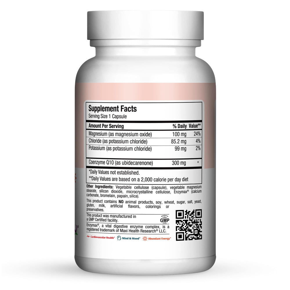 Maxi Health Advanced CoQ10 capsules with magnesium and potassium for cardiovascular energy support.