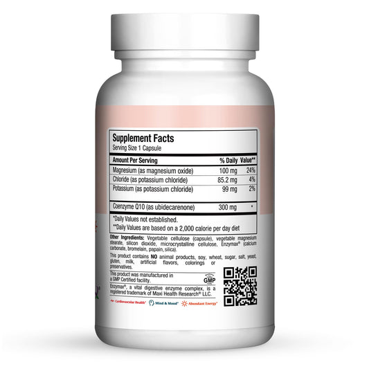 Maxi Health Advanced CoQ10 capsules with magnesium and potassium for cardiovascular energy support.