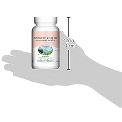 Maxi Health Advanced CoQ10 bottle shows dosing directions for easy daily use.