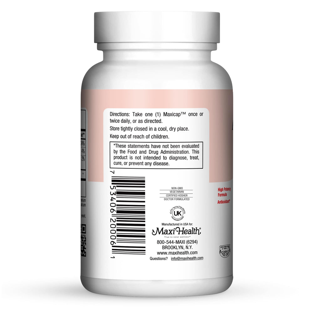 Maxi Health Advanced CoQ10 label highlights vegetarian, kosher formula for clean daily nutrition.