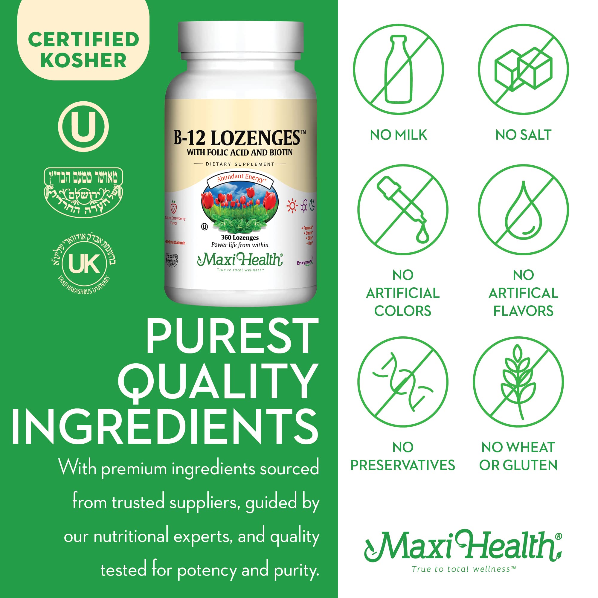 Maxi Health B12 lozenges made in USA reflect high-quality manufacturing.