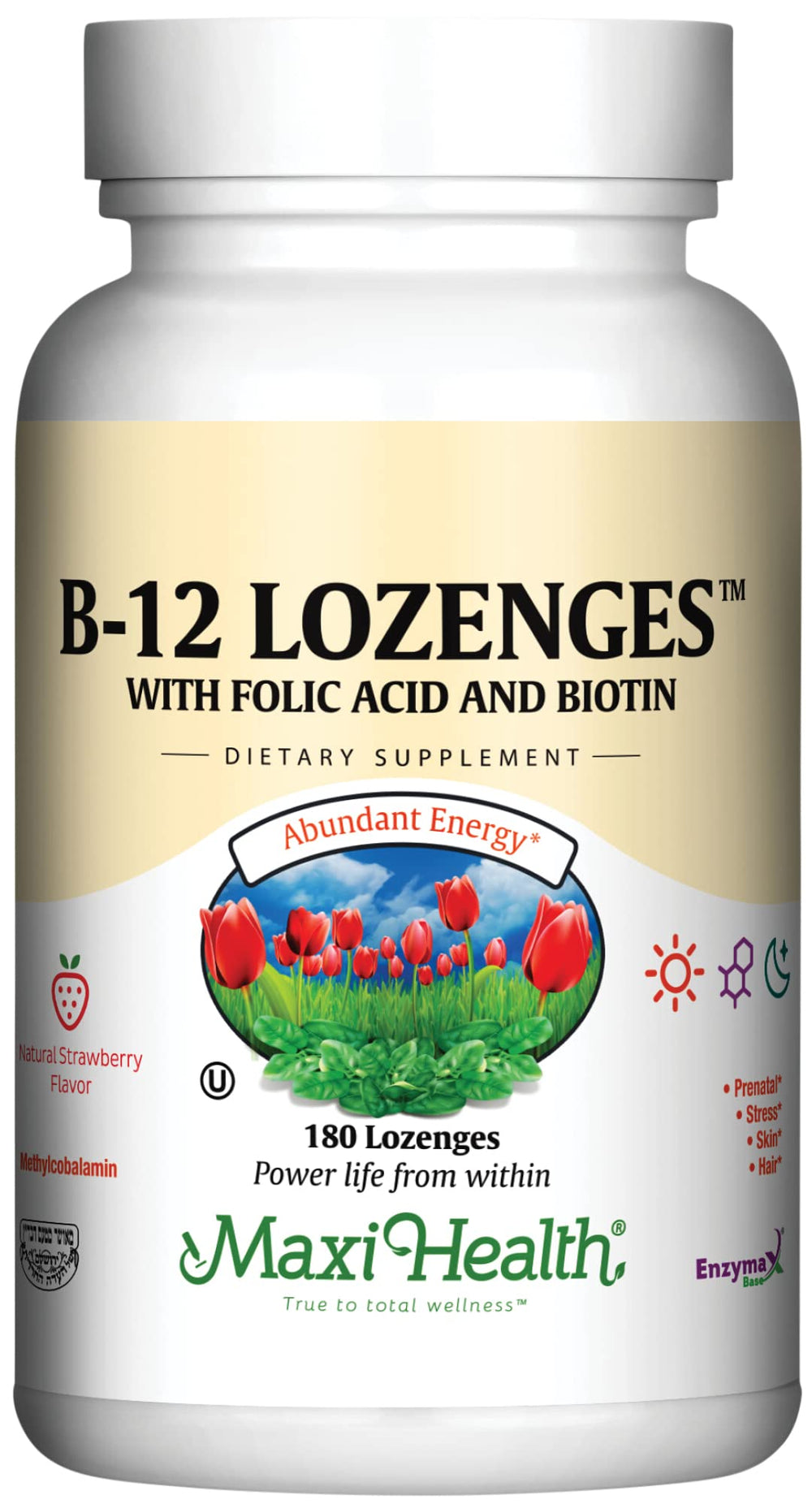 Maxi Health B12 lozenges strawberry bottle for daily energy support.