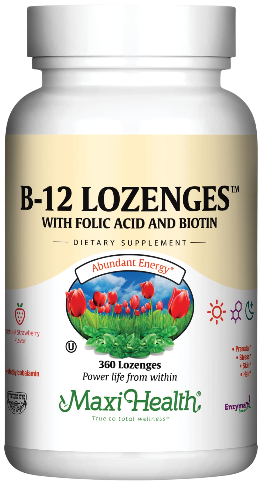Maxi Health B12 lozenges strawberry bottle promote convenient daily energy support.