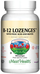 Maxi Health B12 lozenges strawberry bottle promote convenient daily energy support.