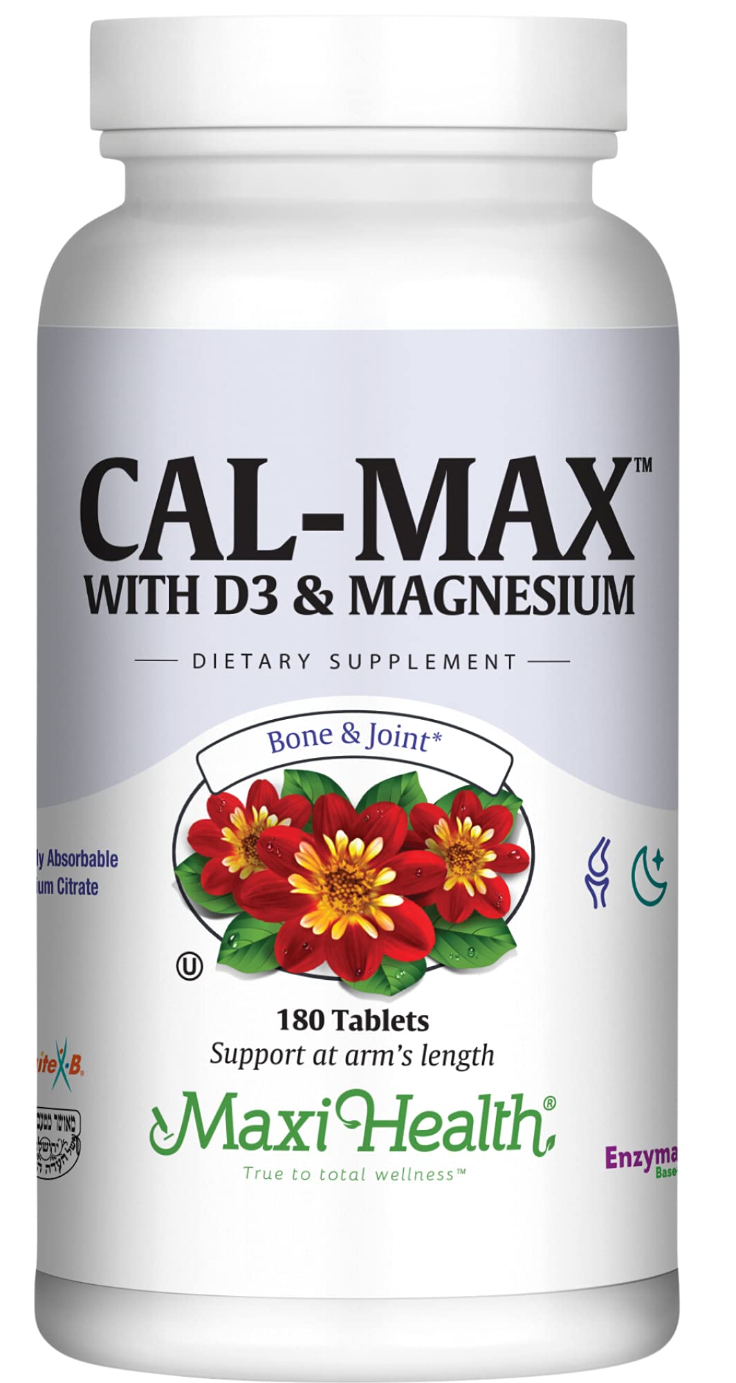 Maxi Health Cal Max bottle showing label and form, supporting daily bone health.