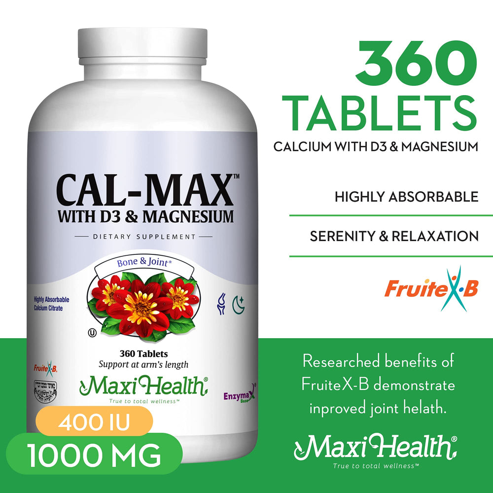 Maxi Health calcium tablets closeup showing tablet shape and daily intake