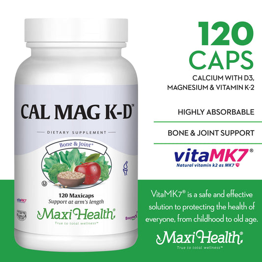 Maxi Health bottle label closeup showing calcium and vitamin blend.