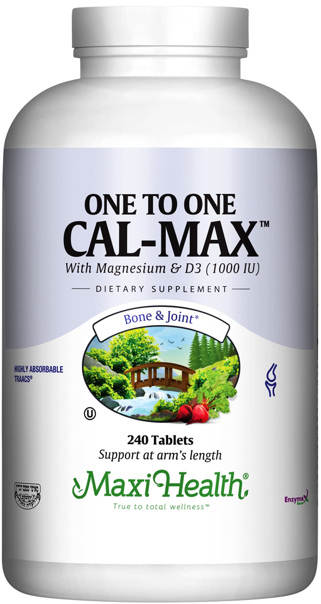 Maxi Health calcium-d3-magnesium 1to1 tablets showing balanced minerals for bones and joints