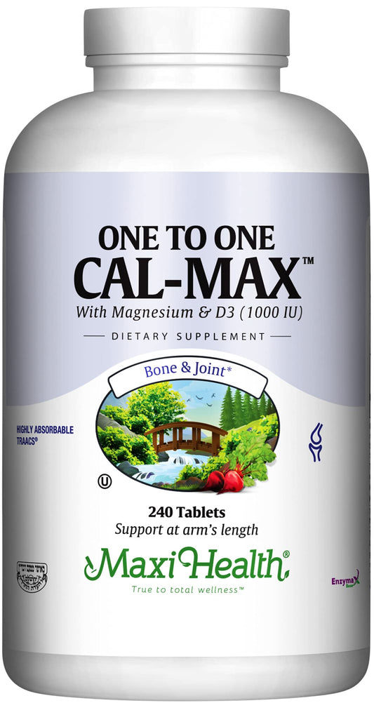 Maxi Health calcium-d3-magnesium 1to1 tablets showing balanced minerals for bones and joints