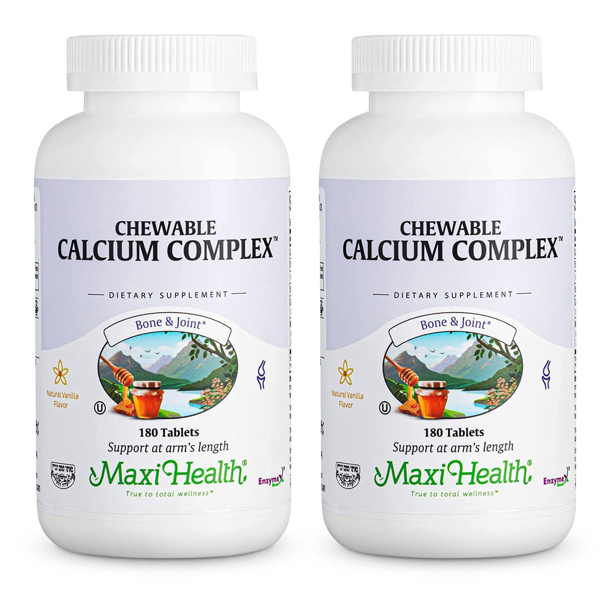 Maxi Health Chewable Calcium Complex vanilla bottle front view for easy daily use