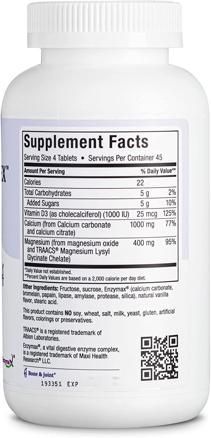 Maxi Health Chewable Calcium Complex vanilla label highlighting EnzyMax enzymes