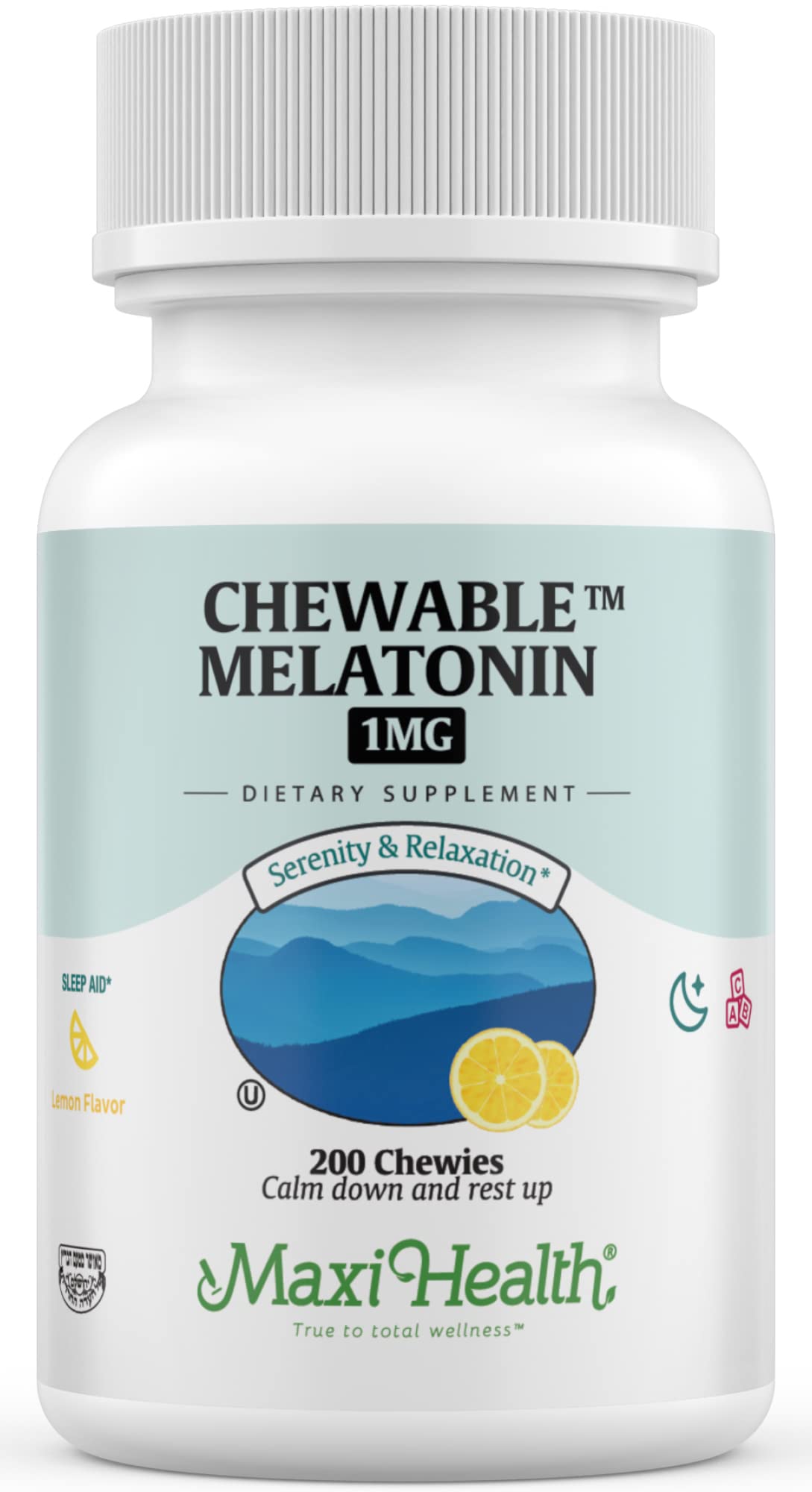 Maxi Health Chewable Melatonin lemon bottle supporting calm bedtime routines for adults and kids.