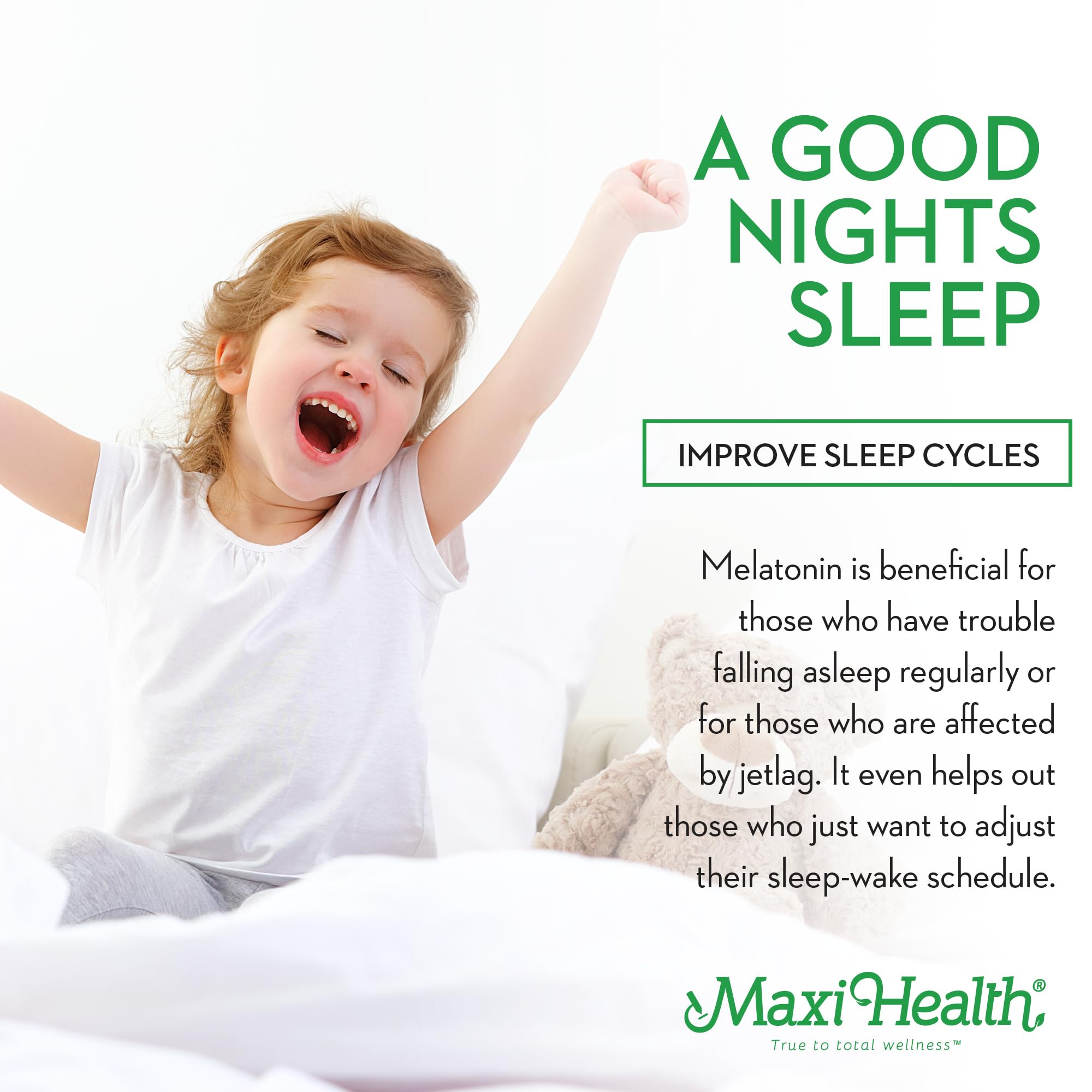 Kid dosing scene with Maxi Health Melatonin lemon for a child-friendly bedtime routine.
