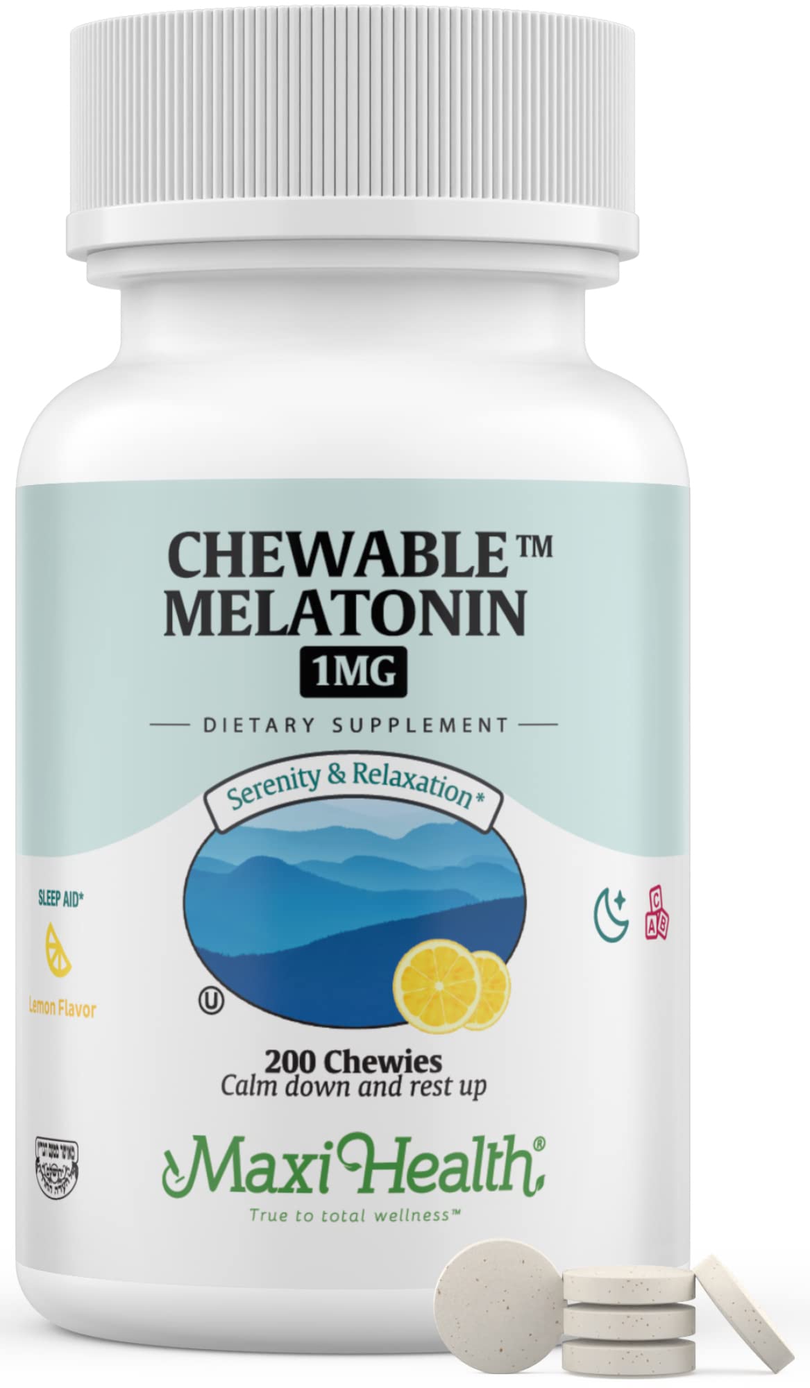 Maxi Health Chewable Melatonin lemon tablets pack highlighting a family-friendly sleep option.