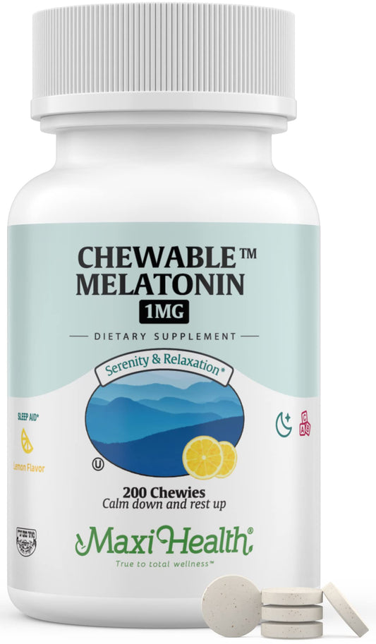 Maxi Health Chewable Melatonin lemon tablets pack highlighting a family-friendly sleep option.
