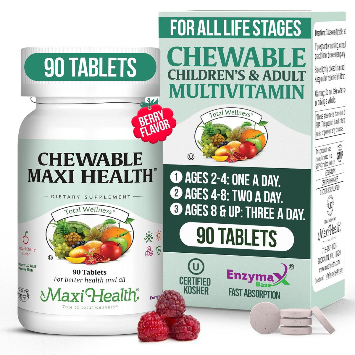 Maxi Health cherry flavored chewable multivitamin bottle for daily nutrition