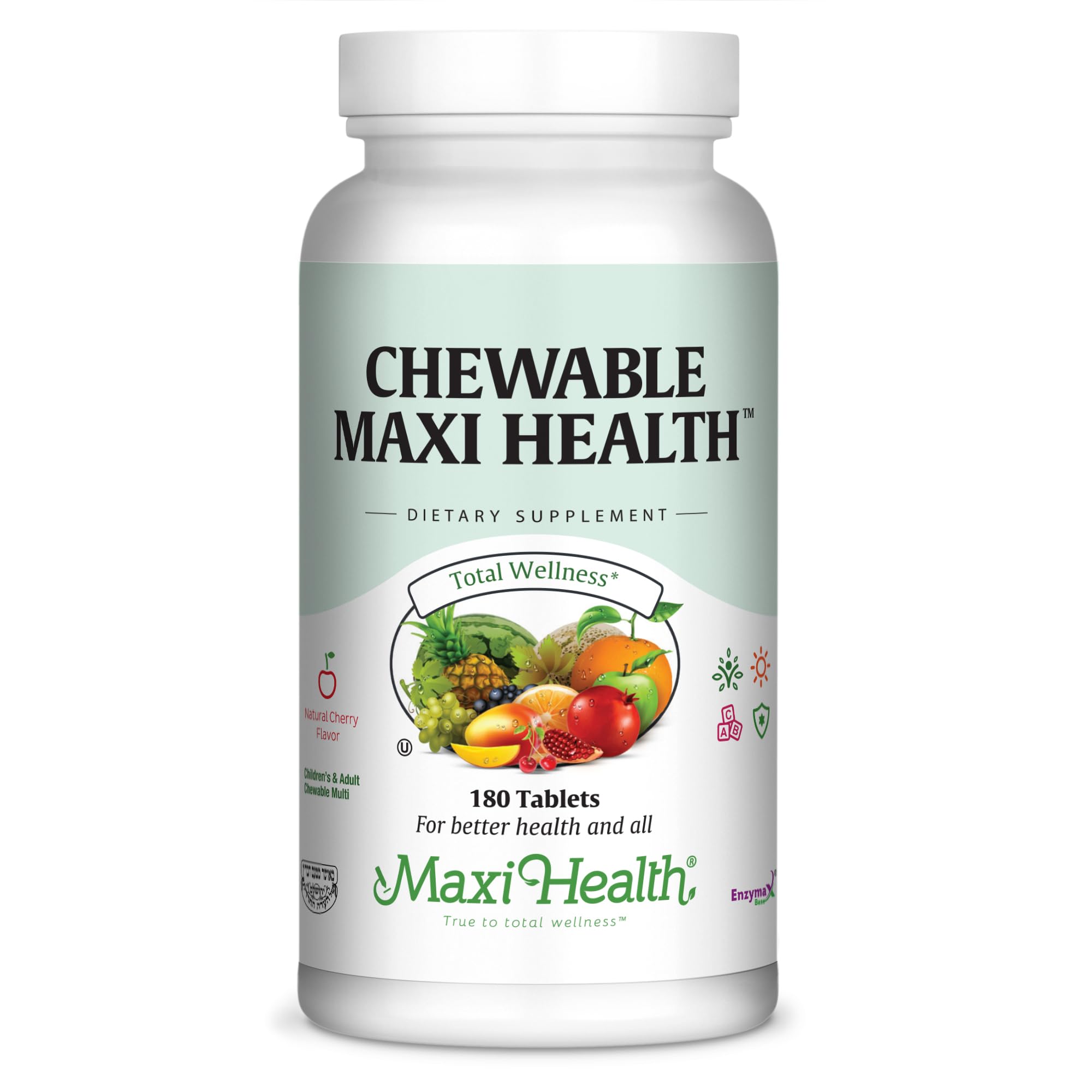 Maxi Health cherry chewable multivitamin tablet for all ages supports daily nutrition.