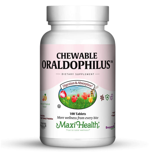 Maxi Health Oraldophilus tropical flavor bottle offers a tasty probiotic option for daily digestion