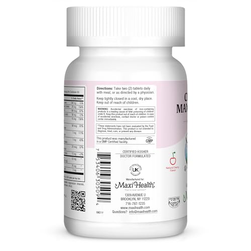 Close-up of Maxi Health prenatal chewables highlighting cherry flavor texture