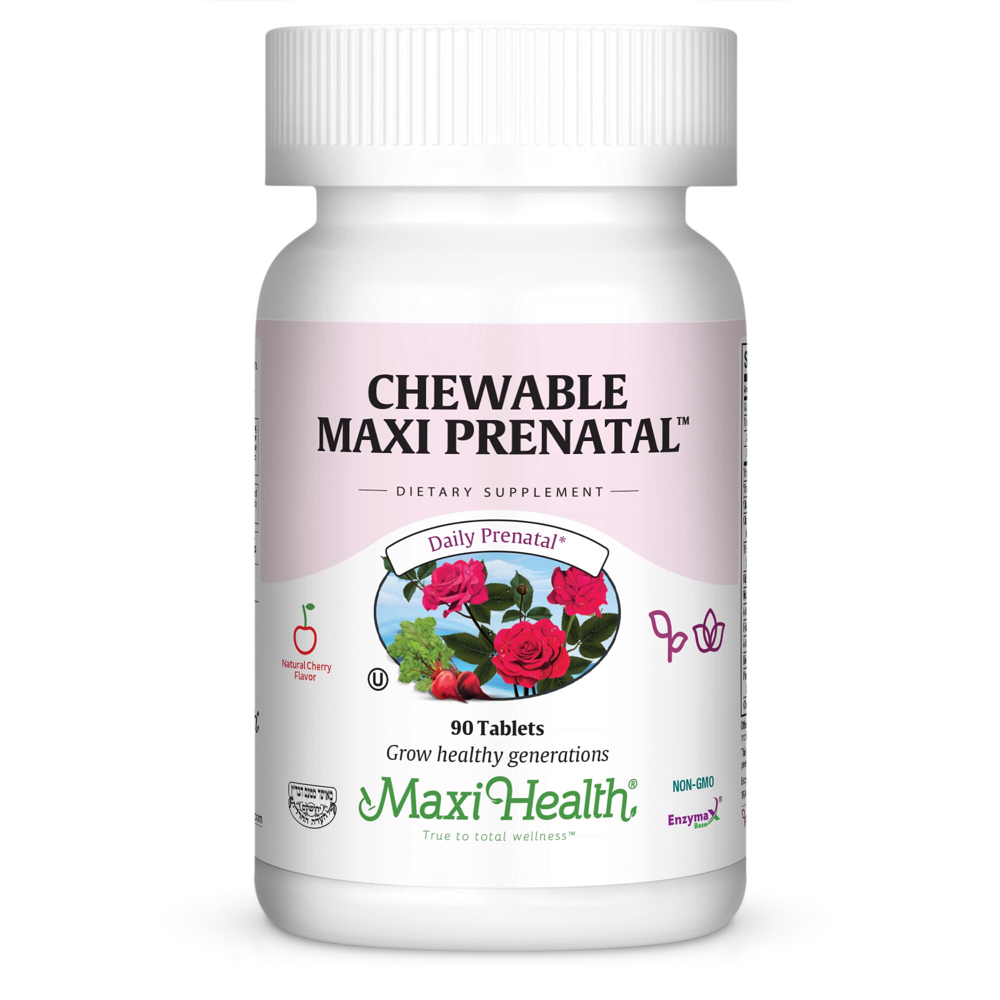 Maxi Health prenatal chewables in bottle front for convenient daily nourishment