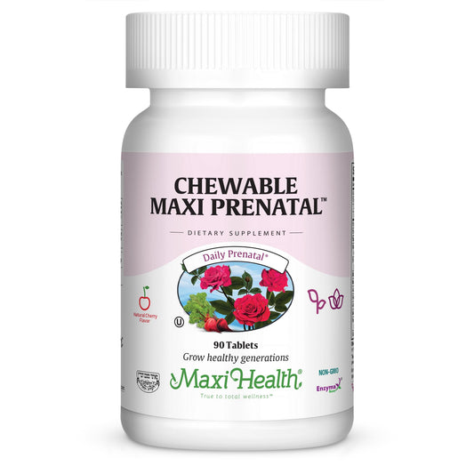 Maxi Health prenatal chewables in bottle front for convenient daily nourishment