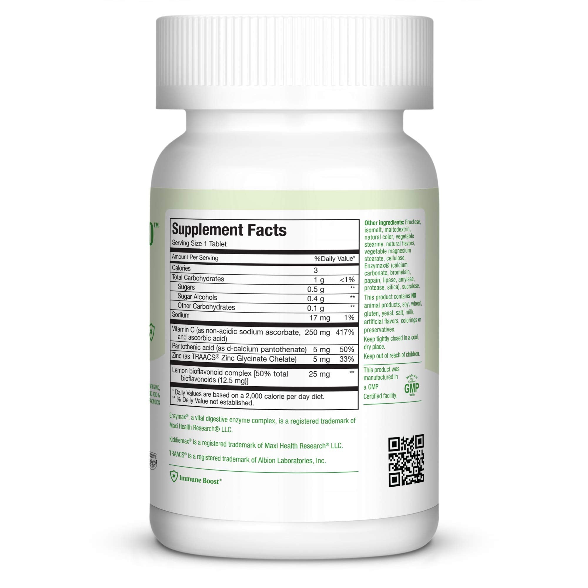 Maxi Health Chewable Vitamin C Zinc lozenges closeup bottle label highlights natural flavors