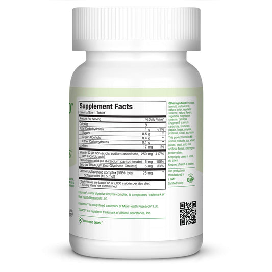 Maxi Health Chewable Vitamin C Zinc lozenges closeup bottle label highlights natural flavors