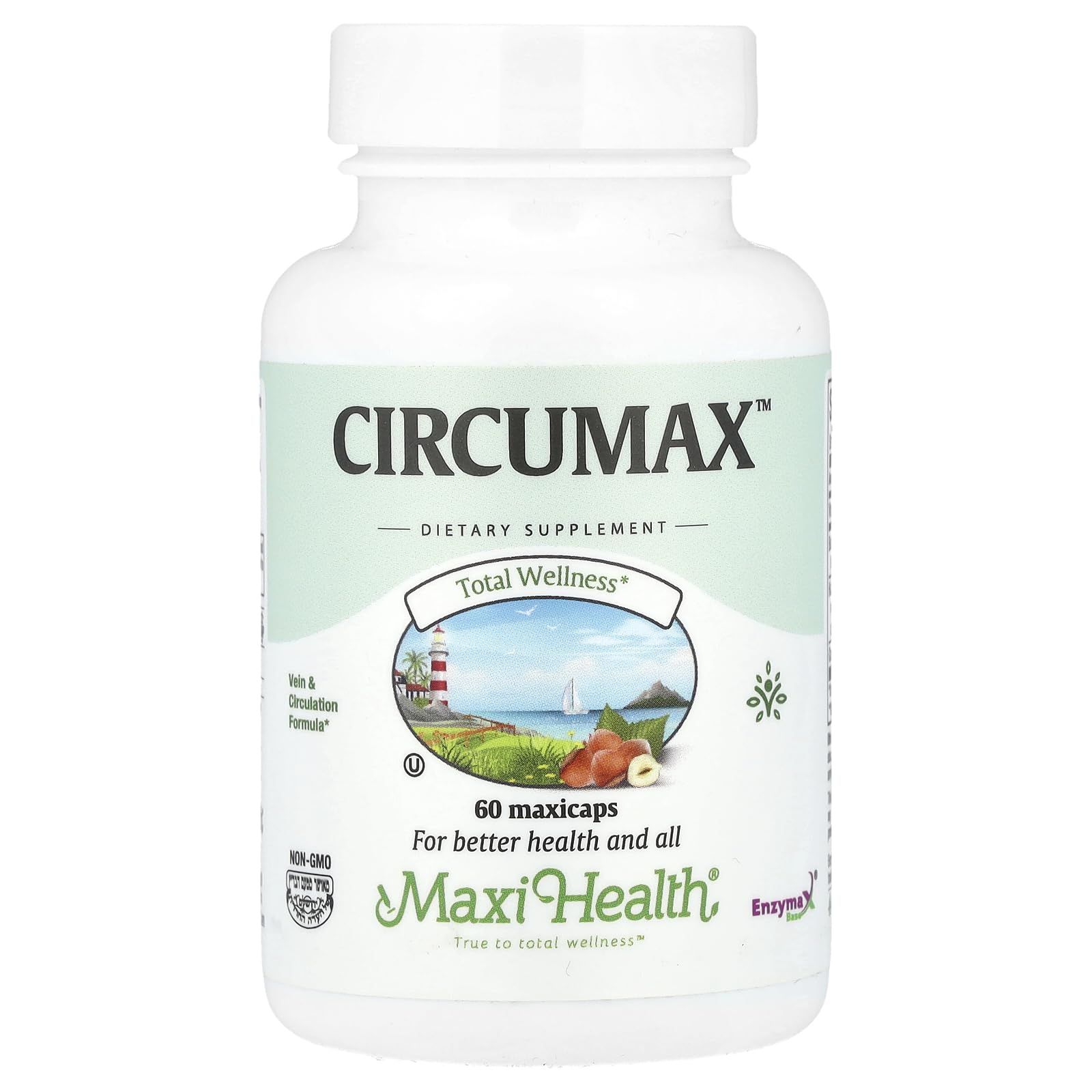 Maxi Health CircuMax vein bottle close-up for daily circulation support.