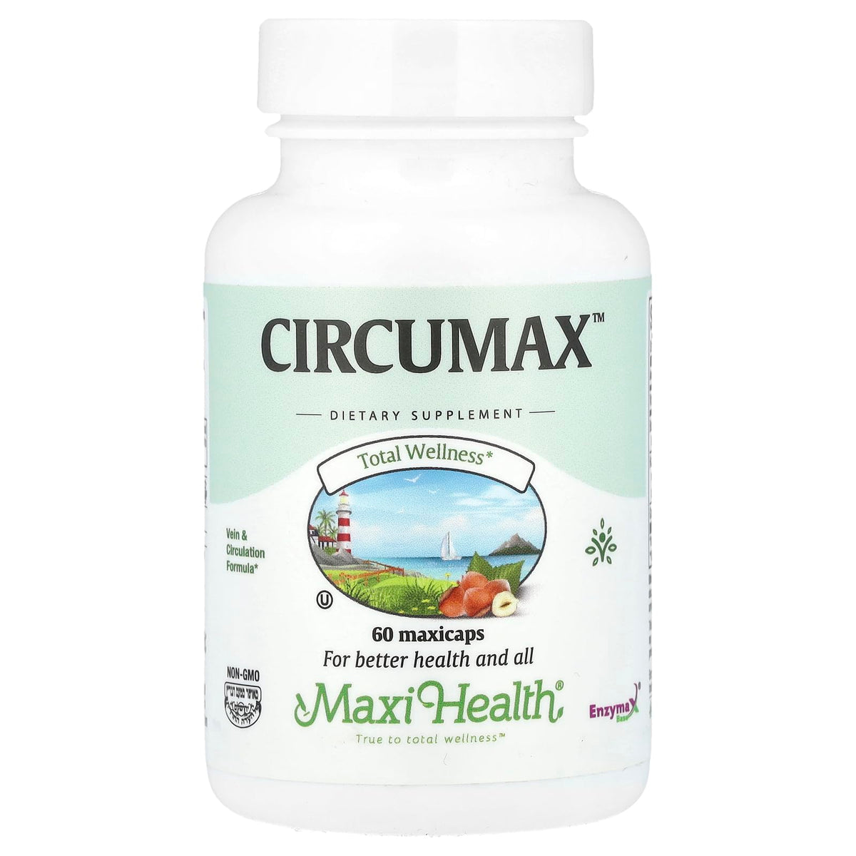 Maxi Health CircuMax vein bottle close-up for daily circulation support.